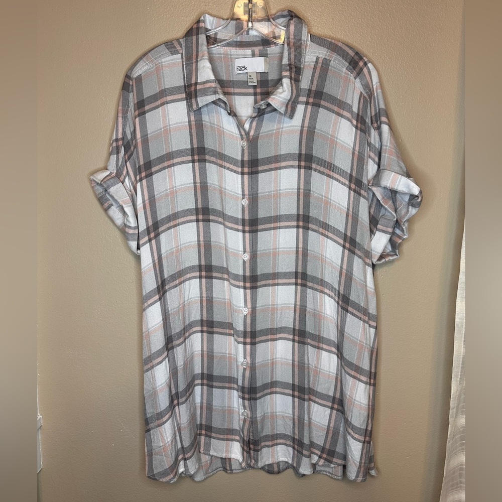 Nordstrom Plaid Button-Down Tunic in Light Blue, Gray and Brown